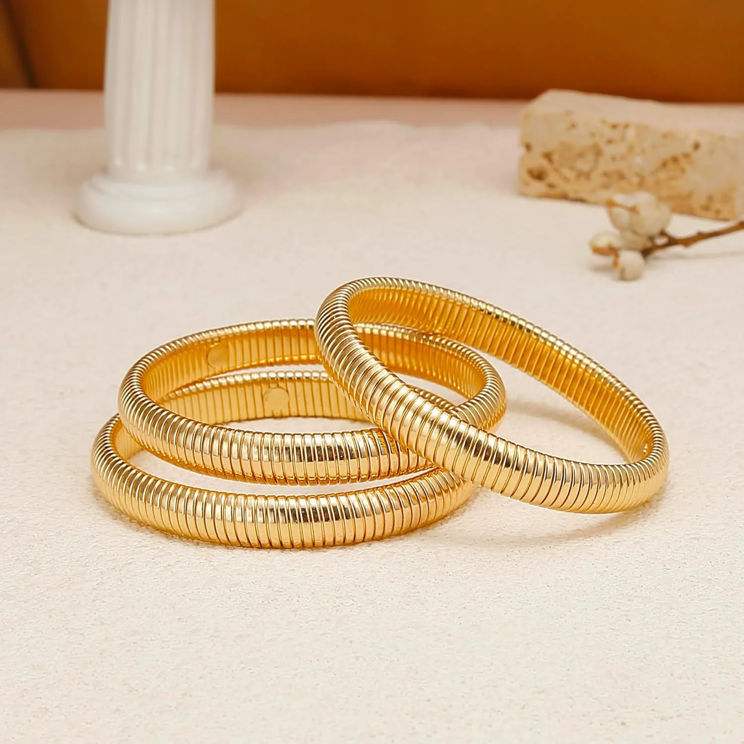1-3pcs Gold Bangle Bracelets for Women Flexible Snake Bangle Set Stackable Chunky Gold Stretch Bracelets Elastic Wristband Bangle Bracelets