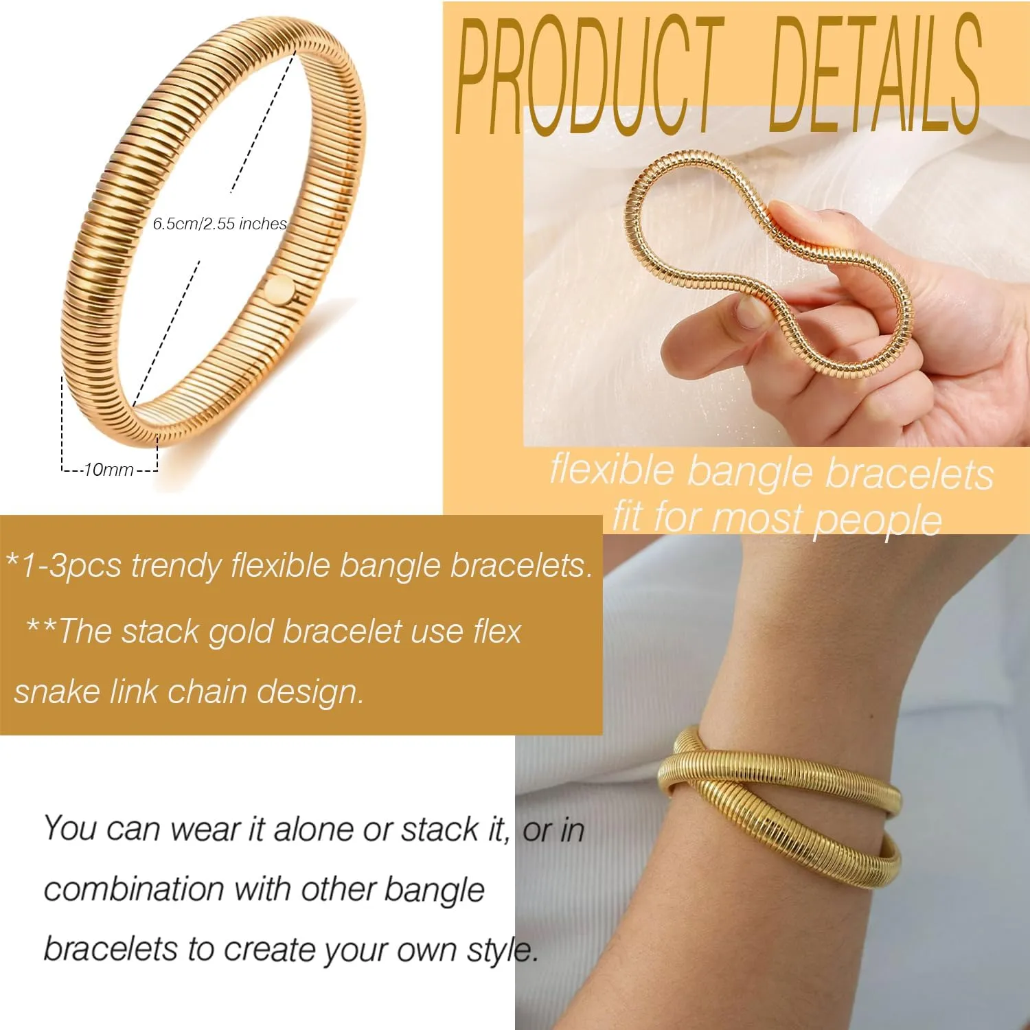 1-3pcs Gold Bangle Bracelets for Women Flexible Snake Bangle Set Stackable Chunky Gold Stretch Bracelets Elastic Wristband Bangle Bracelets