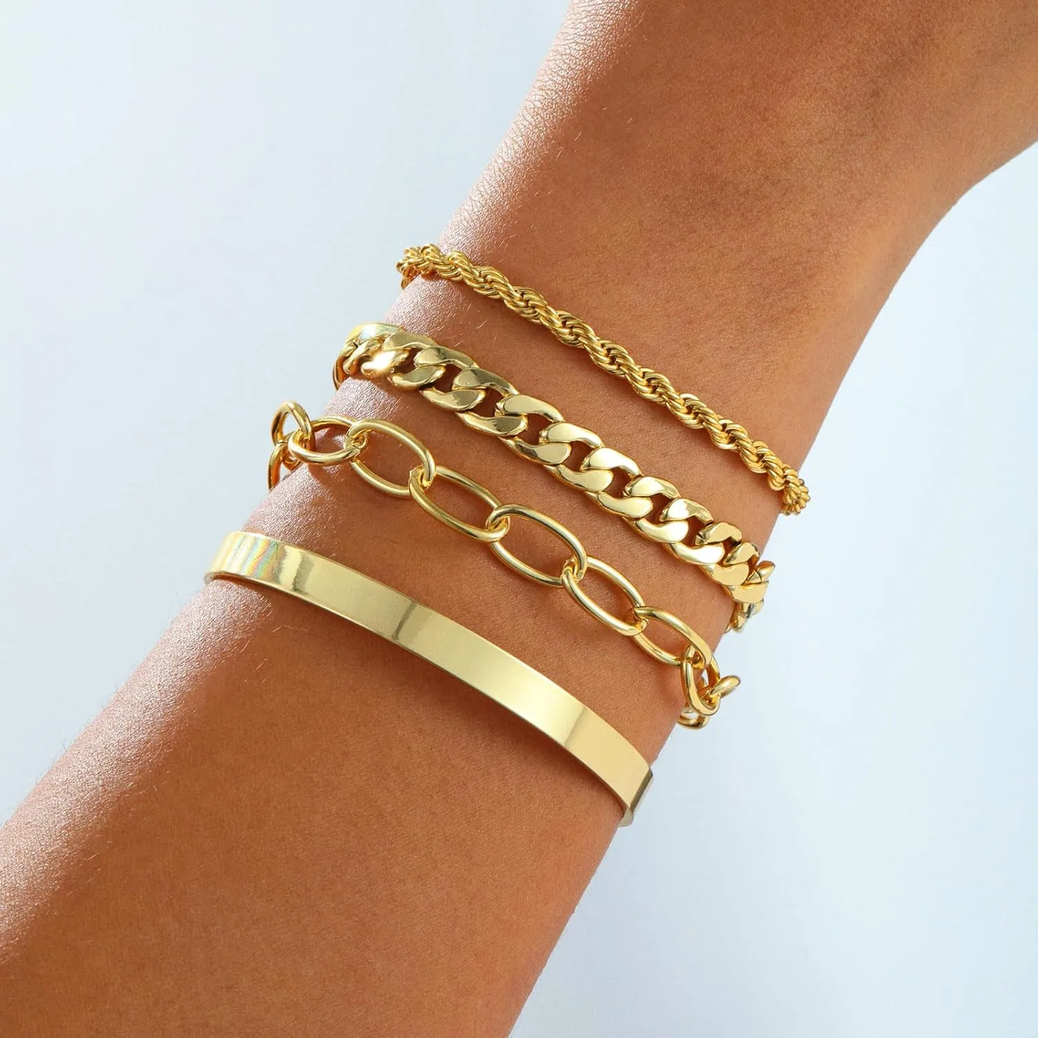 14K Gold Bracelets for Women Dainty Gold Bangle Bracelets Minimalist Stackable Rope Bead Herringbone Chain Trendy Waterproof Accessories Jewelry Set for Gifts