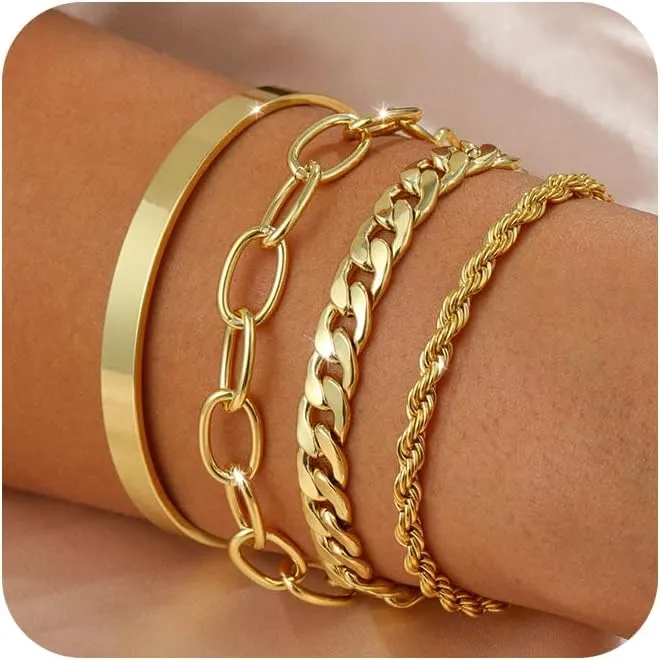 14K Gold Bracelets for Women Dainty Gold Bangle Bracelets Minimalist Stackable Rope Bead Herringbone Chain Trendy Waterproof Accessories Jewelry Set for Gifts