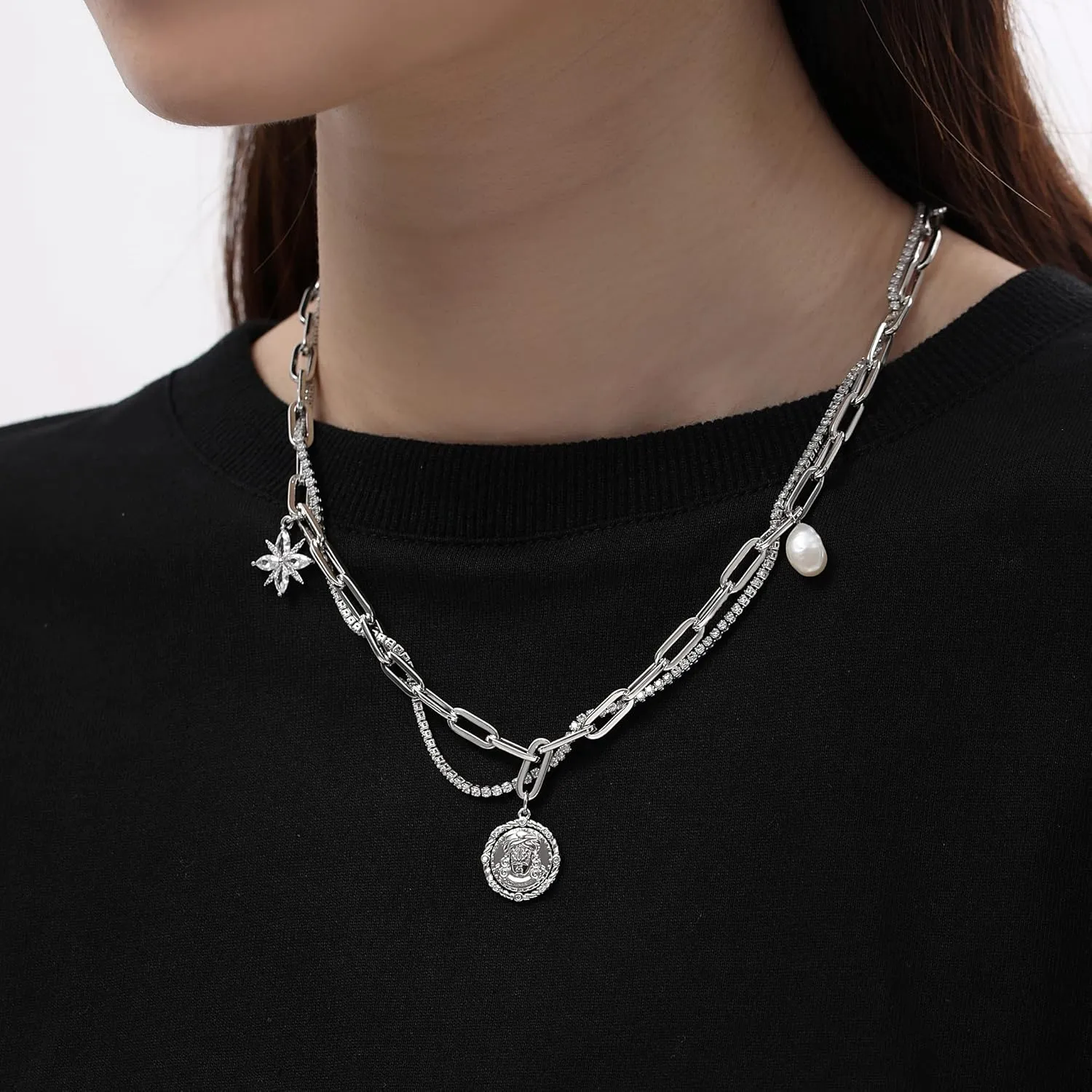 18K Gold Plated Coin Pendant Necklace for Women, S925 Sterling Silver Medallion Necklace, Chunky Layered Coin Necklace
