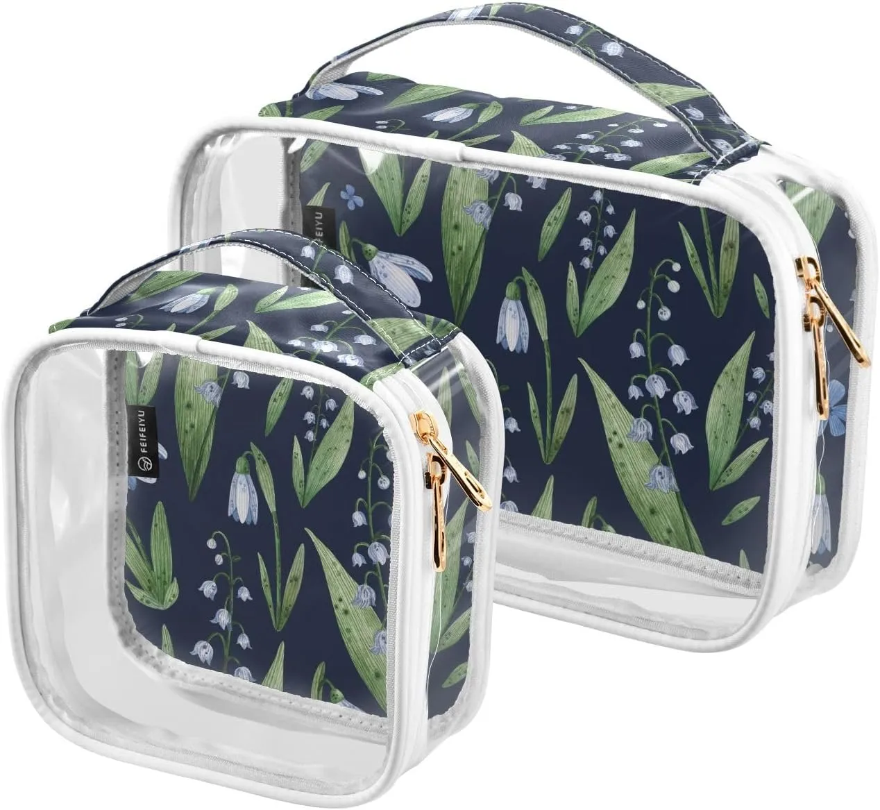 2 Pack Clear Cosmetic Bags with Handles-Lily Of The Valley PVC Toiletry Bags Zipper Waterproof Portable Travel Storage Pouch
