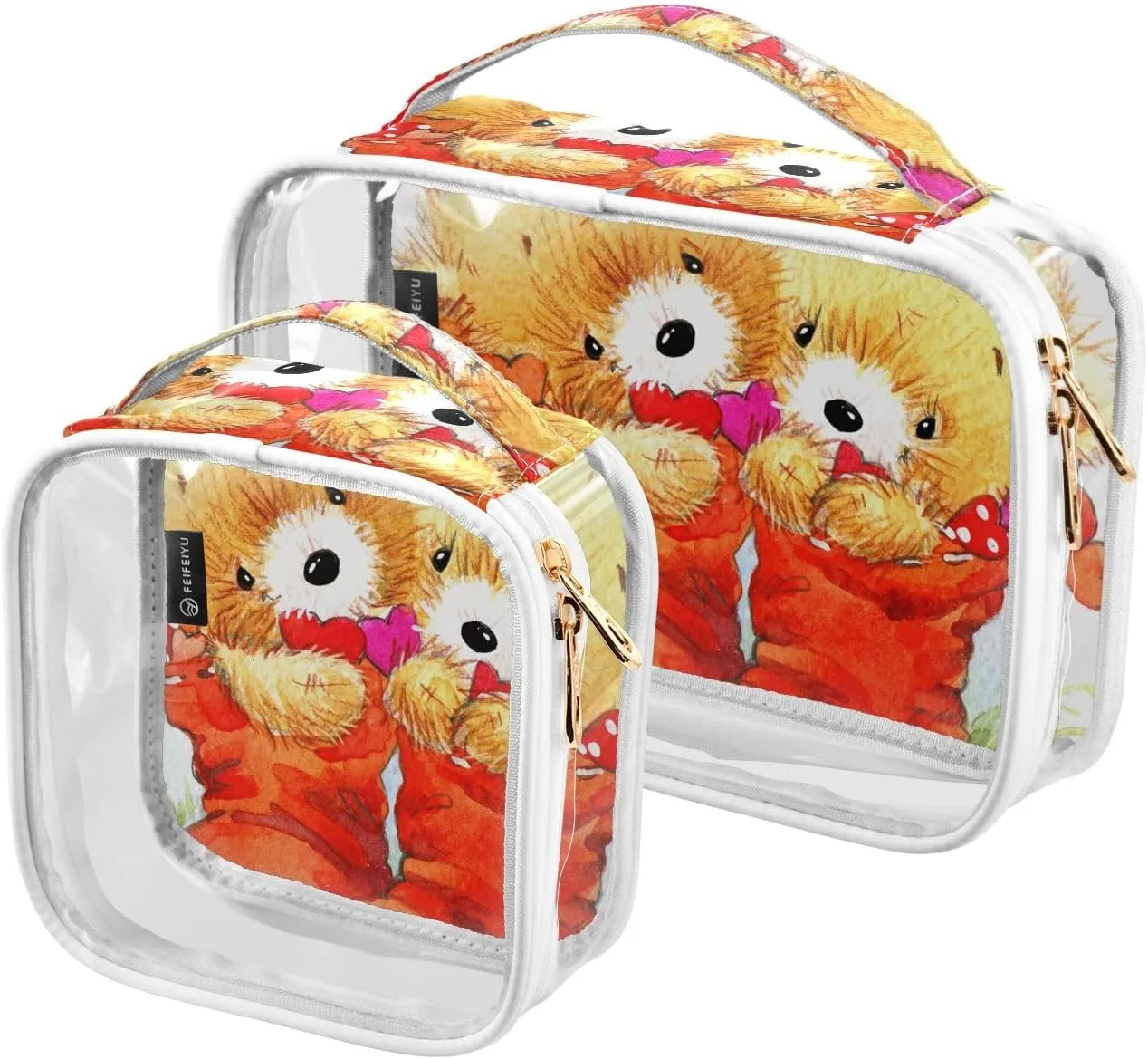 2 Pack Clear Cosmetic Bags with Handles-Teddy Bear PVC Toiletry Bags Zipper Waterproof Portable Travel Storage Pouch