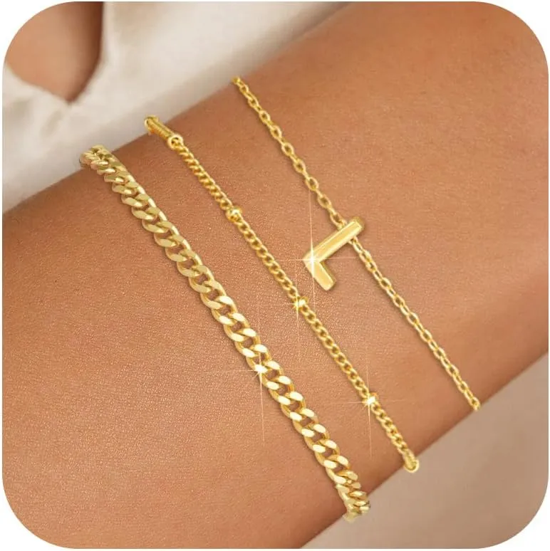 3 Pcs Gold and Silver Bracelets for Women 14K Gold Initaial Bracelet Stackable Letter Charm A-Z Monogram Bracelet Anti Tarnish Jewelry Gifts for Women