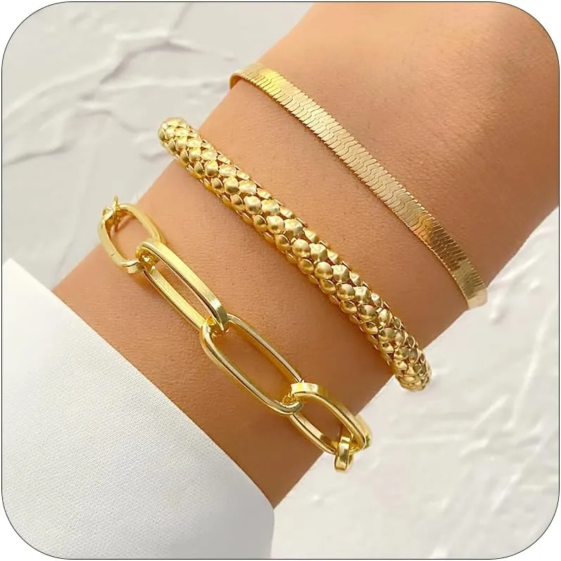 3 Pcs Gold Bracelets for Women Gold Bangle Bracelet Gold Layered Bracelets Gold Chain Link Bracelet Jewelry Gift for Girls