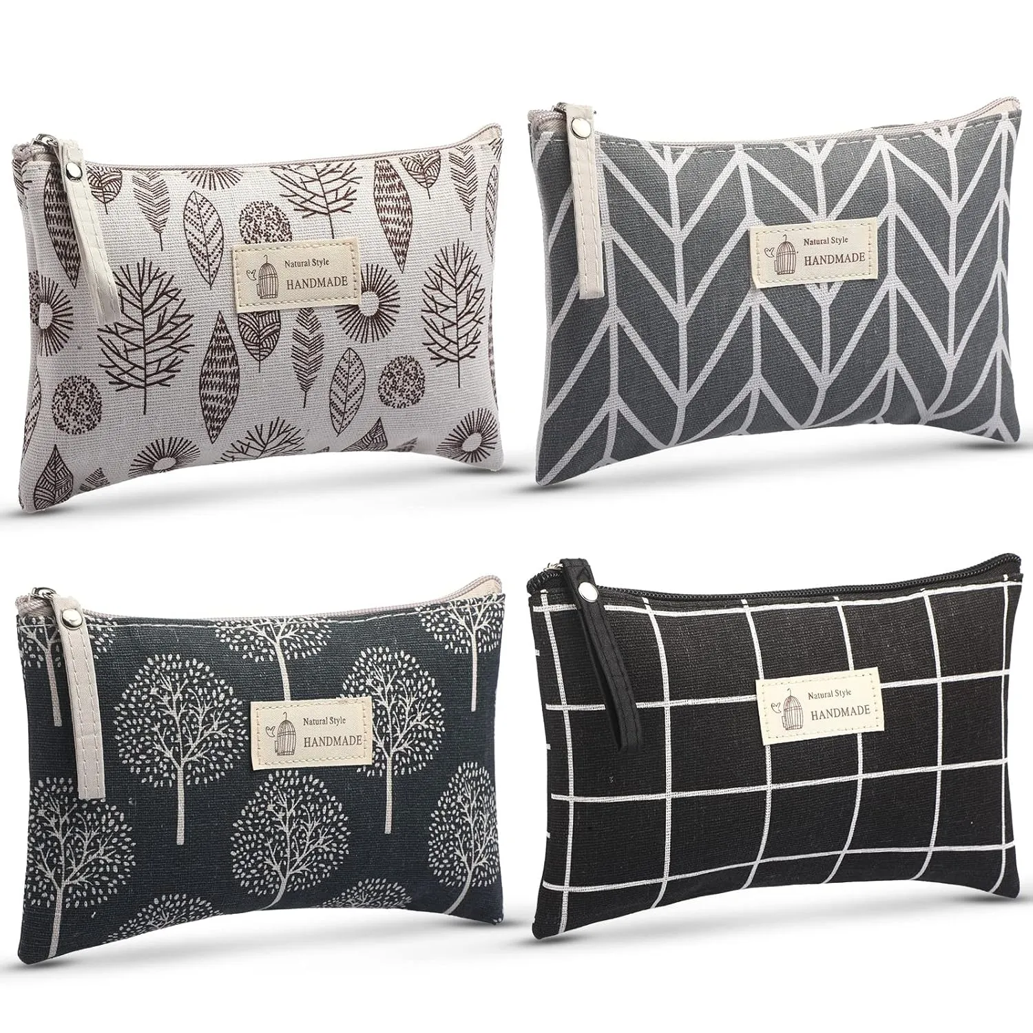 4 Pieces Canvas Cosmetic Bags Set pouches for purse with Zipper Multi Functional Canvas Travel Pouch for Women Girls Vacation Travel Toiletry Bag, 4 Styles (Arrow, Plaid, Tree, Leave, Big)