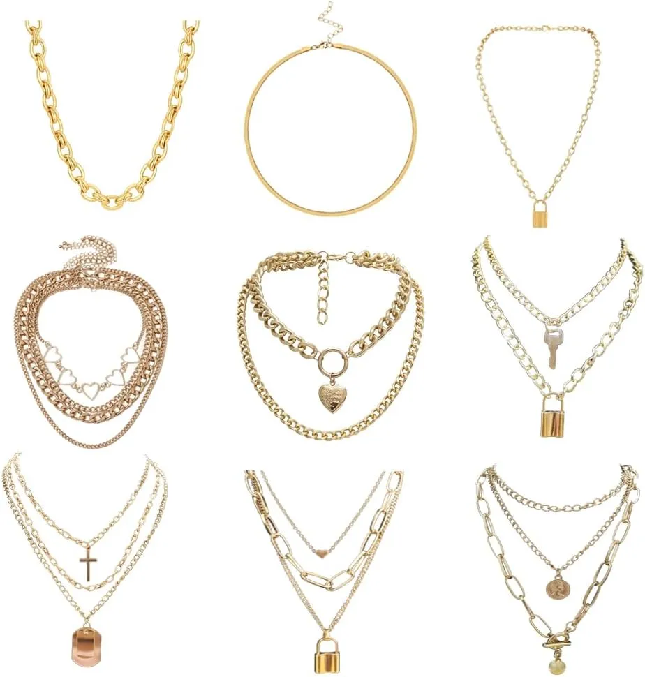9 Sets Gold Layered Necklaces for Women Fashion Trendy Retro Coin Pendant Necklace Dainty Chunky Chain Choker Necklaces