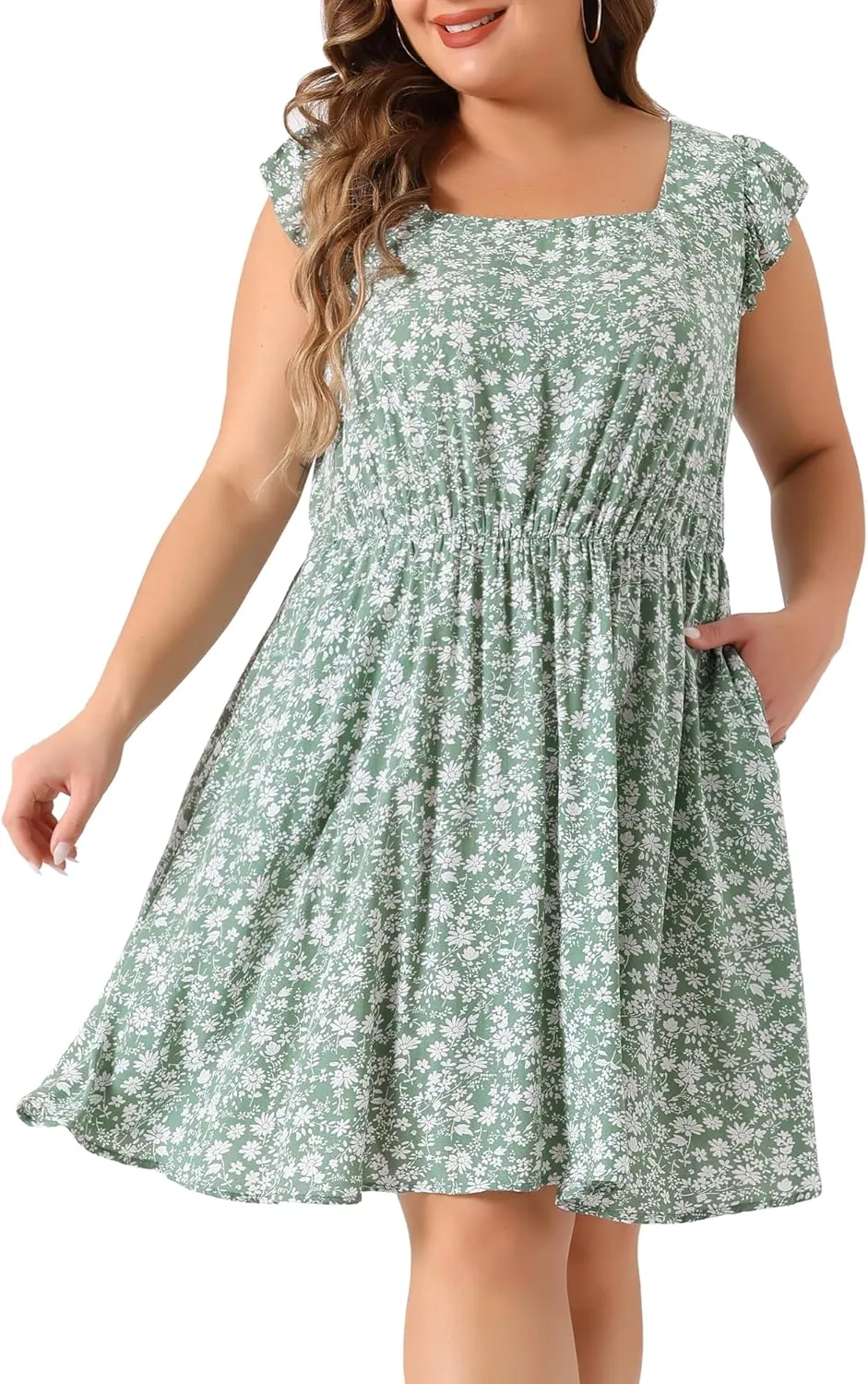 Agnes Orinda Plus Size Summer Dresses for Women Square Neck Ruffle Short Sleeve Casual Midi Dress