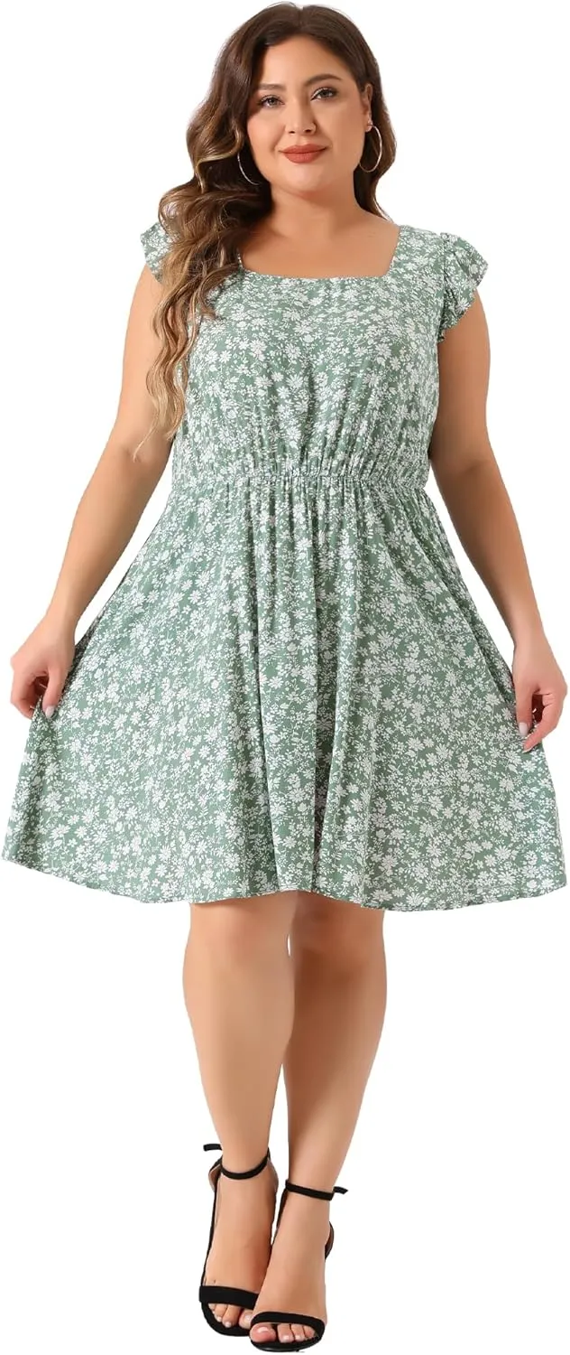 Agnes Orinda Plus Size Summer Dresses for Women Square Neck Ruffle Short Sleeve Casual Midi Dress