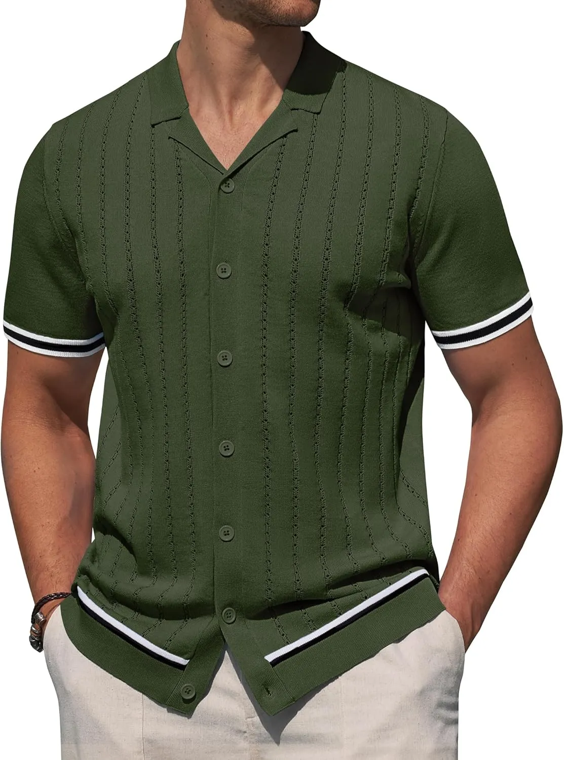 Alimens & Gentle Men's Short Sleeve Button Down Shirts Knit Casual Shirts for Men Vintage Cuban Shirt Striped Knitted
