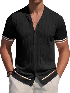 Alimens & Gentle Men's Short Sleeve Button Down Shirts Knit Casual Shirts for Men Vintage Cuban Shirt Striped Knitted