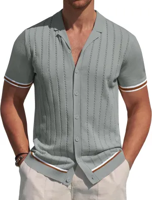 Alimens & Gentle Men's Short Sleeve Button Down Shirts Knit Casual Shirts for Men Vintage Cuban Shirt Striped Knitted