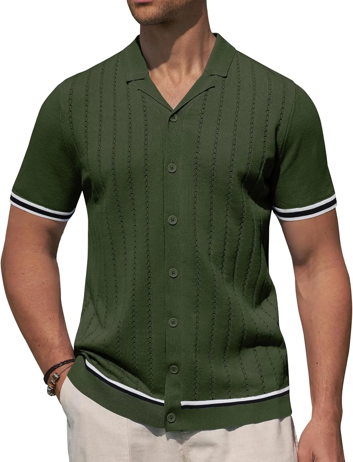 Alimens & Gentle Men's Short Sleeve Button Down Shirts Knit Casual Shirts for Men Vintage Cuban Shirt Striped Knitted