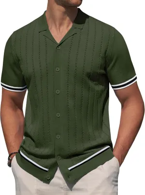 Alimens & Gentle Men's Short Sleeve Button Down Shirts Knit Casual Shirts for Men Vintage Cuban Shirt Striped Knitted