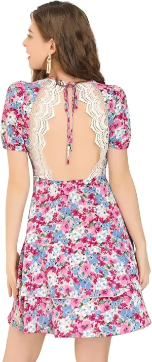 Allegra K Women's Floral Print Backless Dresses Lace Trim A-Line Layer Hem Dress