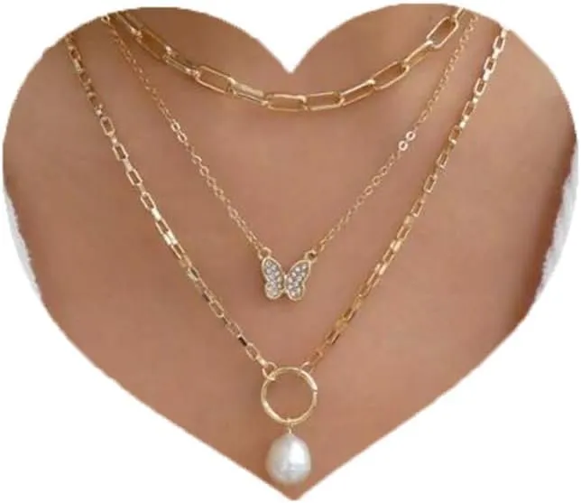 Aluinn Paperclip Choker Necklaces Butterfly Layered Necklace Gold Hollow out Pearl Pendant Necklace for Women