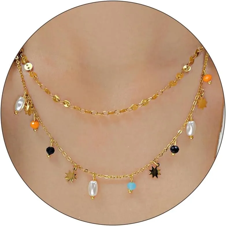 Aonklot 2Pcs Layered Pearl Necklaces for Women Gold Chain Choker Necklace Pearl Pendant Necklace Sun Necklace Black Beaded Necklace Gifts for Lady Gifts