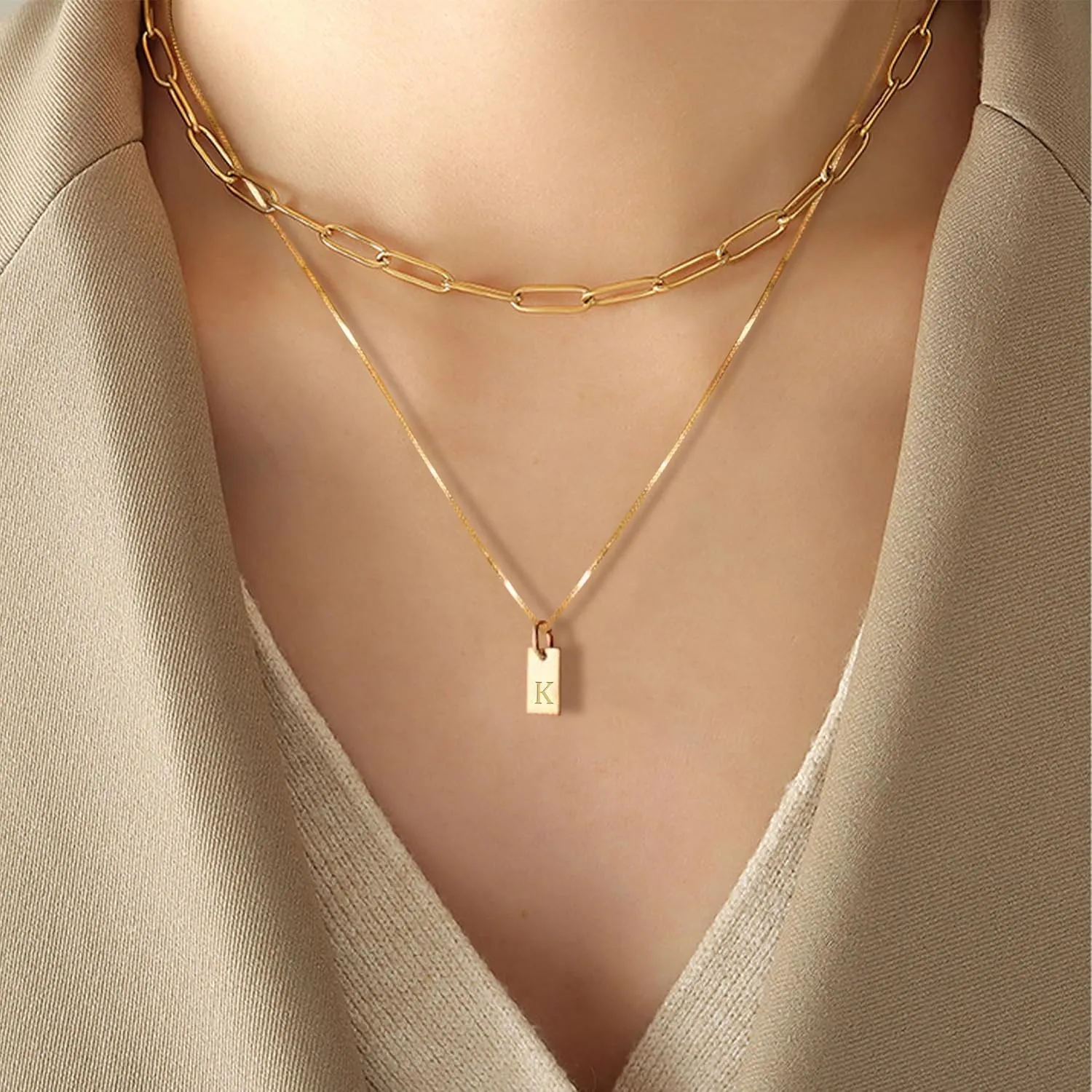 Aonklot Layered Initial Necklaces for Women Paperclip Chain Letter Charm Necklace Alphabet Name Pendant Necklace Christmas Stocking Stuffers Jewelry Gifts