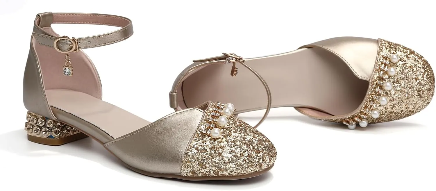 AOQUNFS Girls Latin Ballroom Dance Shoes Sequin Mary Jane Low Heels Wedding Party Dress Shoes,DS-8968