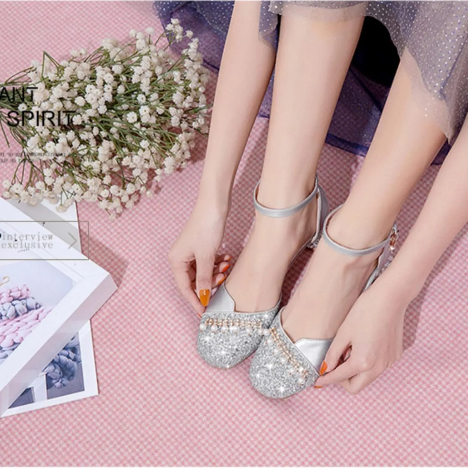 AOQUNFS Girls Latin Ballroom Dance Shoes Sequin Mary Jane Low Heels Wedding Party Dress Shoes,DS-8968