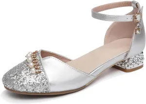 AOQUNFS Girls Latin Ballroom Dance Shoes Sequin Mary Jane Low Heels Wedding Party Dress Shoes,DS-8968