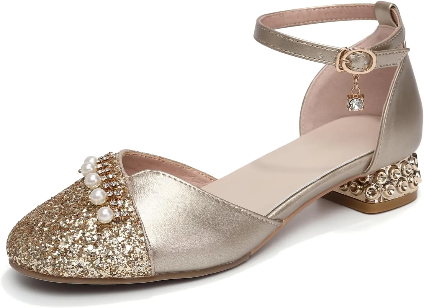 AOQUNFS Girls Latin Ballroom Dance Shoes Sequin Mary Jane Low Heels Wedding Party Dress Shoes,DS-8968