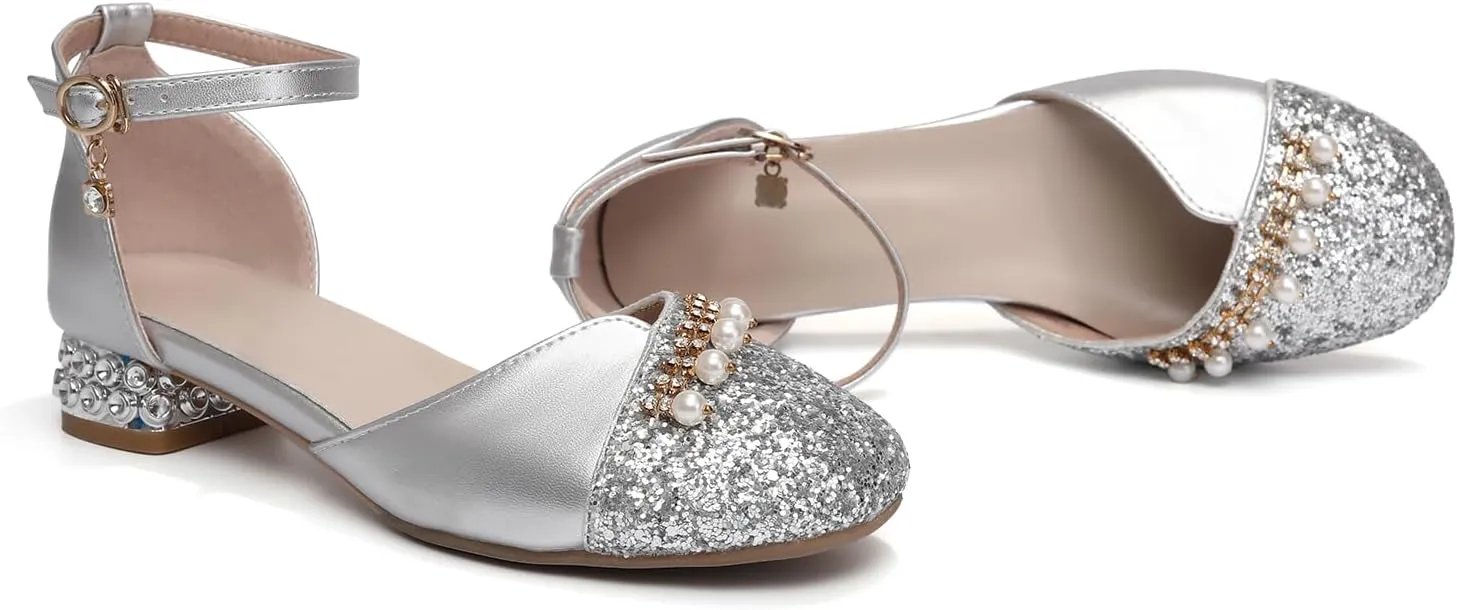 AOQUNFS Girls Latin Ballroom Dance Shoes Sequin Mary Jane Low Heels Wedding Party Dress Shoes,DS-8968