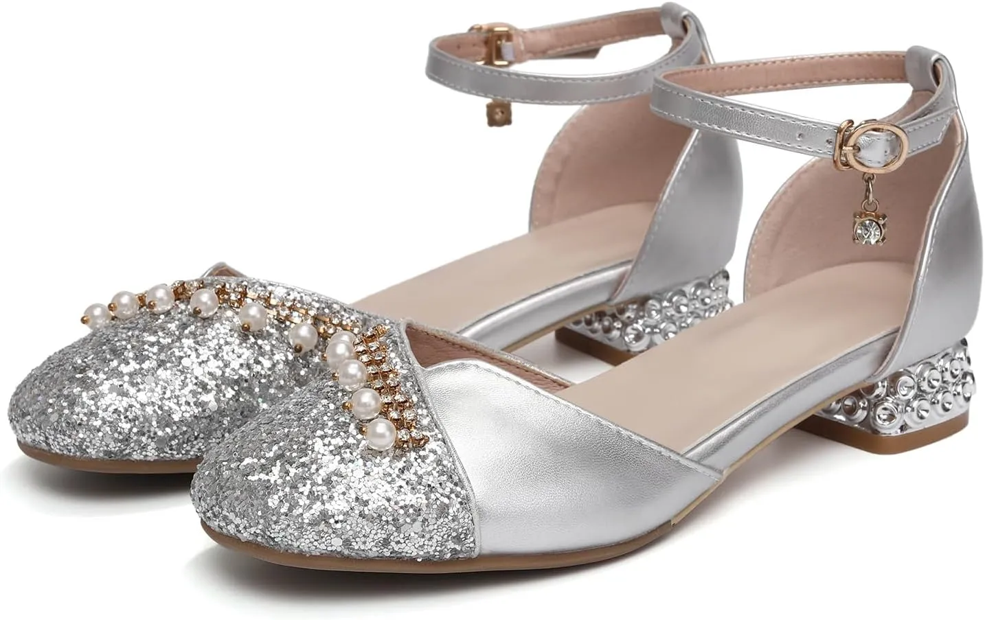 AOQUNFS Girls Latin Ballroom Dance Shoes Sequin Mary Jane Low Heels Wedding Party Dress Shoes,DS-8968