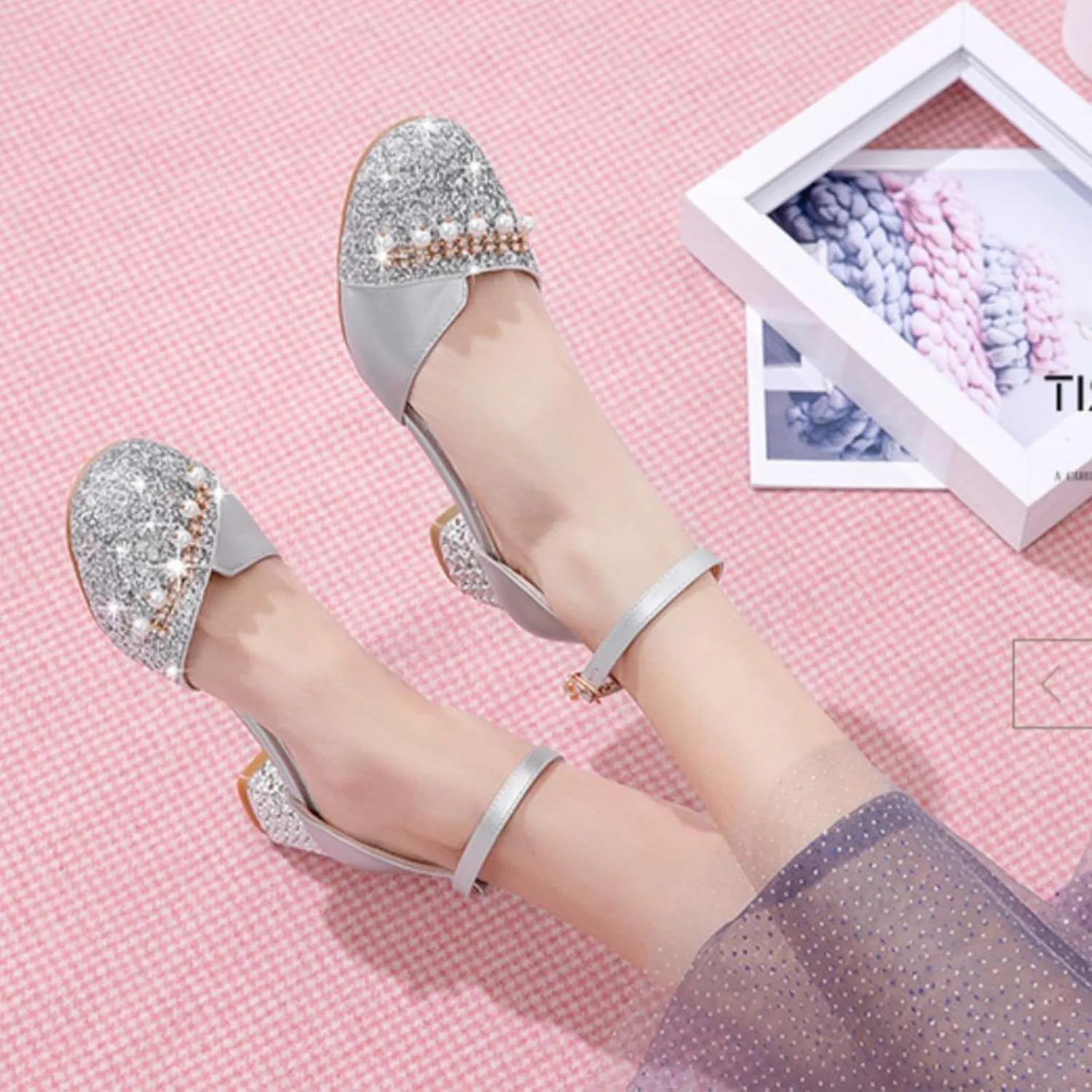 AOQUNFS Girls Latin Ballroom Dance Shoes Sequin Mary Jane Low Heels Wedding Party Dress Shoes,DS-8968