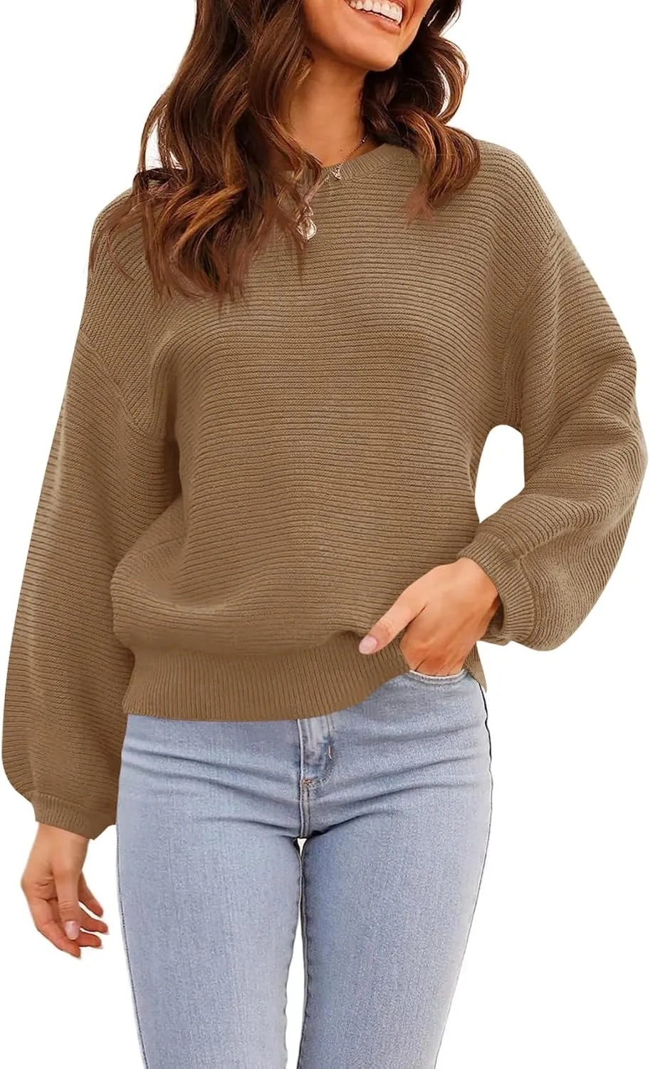 ARTFREE Womens Ribbed Knit Crewneck Sweater Lantern Sleeve Casual Loose Stretchy Solid Fall Winter Sweaters Pullover Tops