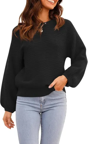 ARTFREE Womens Ribbed Knit Crewneck Sweater Lantern Sleeve Casual Loose Stretchy Solid Fall Winter Sweaters Pullover Tops