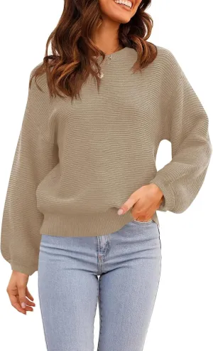 ARTFREE Womens Ribbed Knit Crewneck Sweater Lantern Sleeve Casual Loose Stretchy Solid Fall Winter Sweaters Pullover Tops