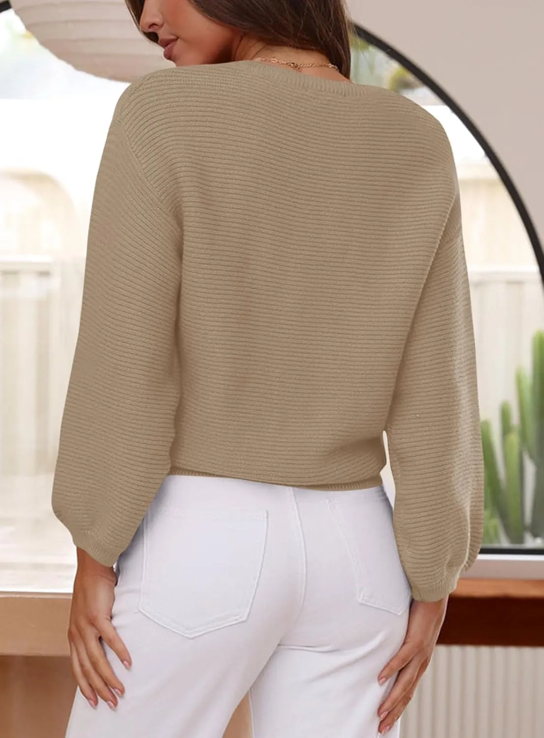 ARTFREE Womens Ribbed Knit Crewneck Sweater Lantern Sleeve Casual Loose Stretchy Solid Fall Winter Sweaters Pullover Tops