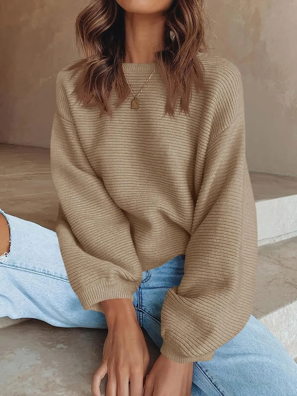 ARTFREE Womens Ribbed Knit Crewneck Sweater Lantern Sleeve Casual Loose Stretchy Solid Fall Winter Sweaters Pullover Tops