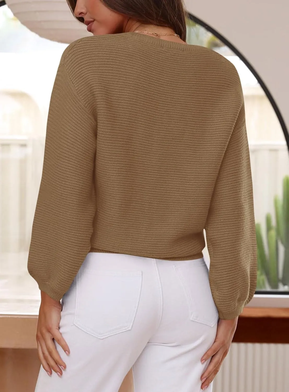 ARTFREE Womens Ribbed Knit Crewneck Sweater Lantern Sleeve Casual Loose Stretchy Solid Fall Winter Sweaters Pullover Tops