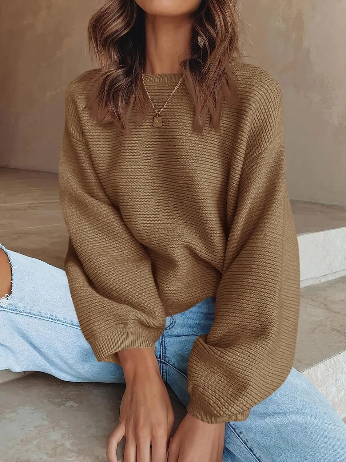ARTFREE Womens Ribbed Knit Crewneck Sweater Lantern Sleeve Casual Loose Stretchy Solid Fall Winter Sweaters Pullover Tops