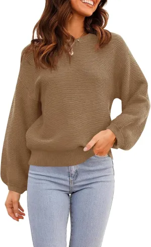 ARTFREE Womens Ribbed Knit Crewneck Sweater Lantern Sleeve Casual Loose Stretchy Solid Fall Winter Sweaters Pullover Tops