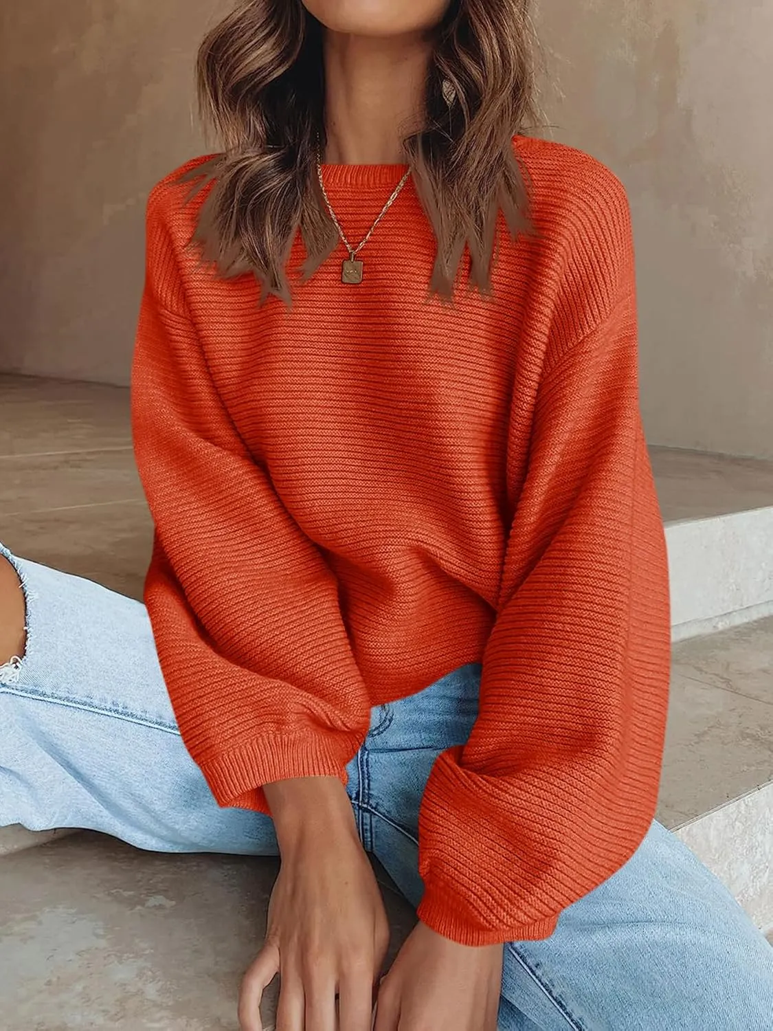 ARTFREE Womens Ribbed Knit Crewneck Sweater Lantern Sleeve Casual Loose Stretchy Solid Fall Winter Sweaters Pullover Tops