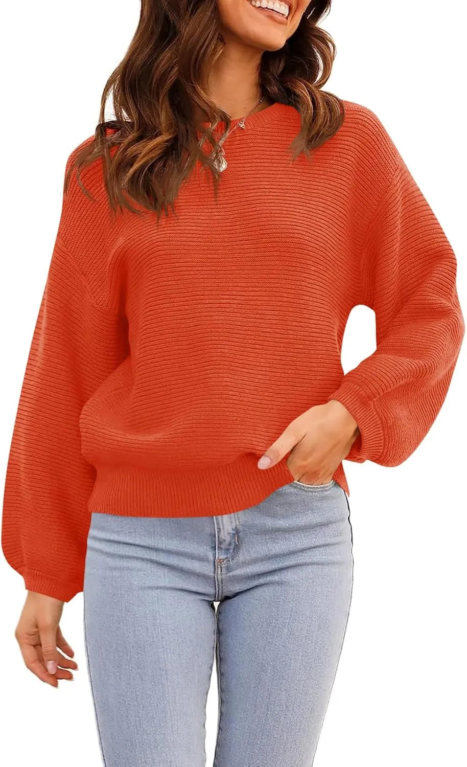 ARTFREE Womens Ribbed Knit Crewneck Sweater Lantern Sleeve Casual Loose Stretchy Solid Fall Winter Sweaters Pullover Tops