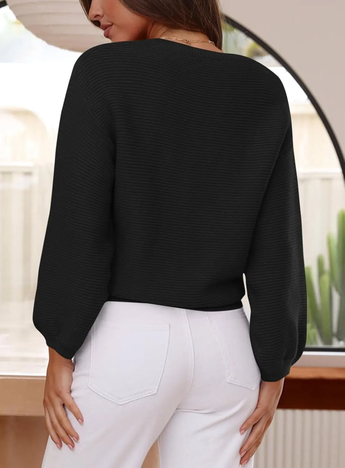 ARTFREE Womens Ribbed Knit Crewneck Sweater Lantern Sleeve Casual Loose Stretchy Solid Fall Winter Sweaters Pullover Tops