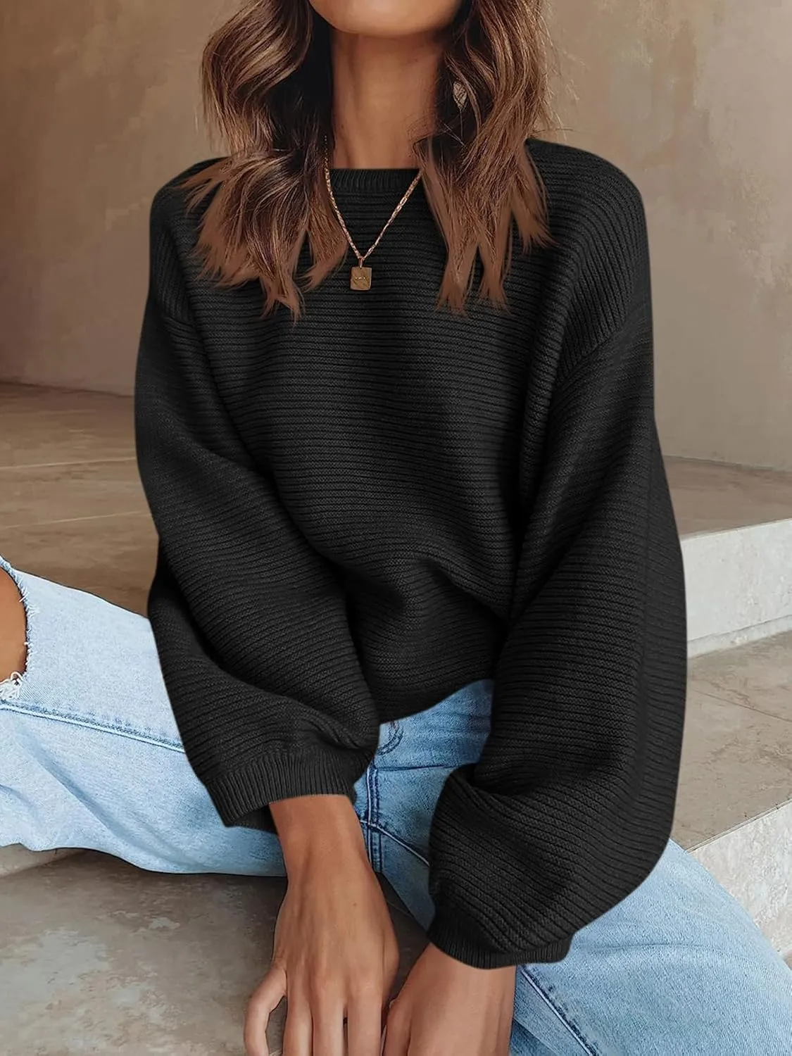 ARTFREE Womens Ribbed Knit Crewneck Sweater Lantern Sleeve Casual Loose Stretchy Solid Fall Winter Sweaters Pullover Tops