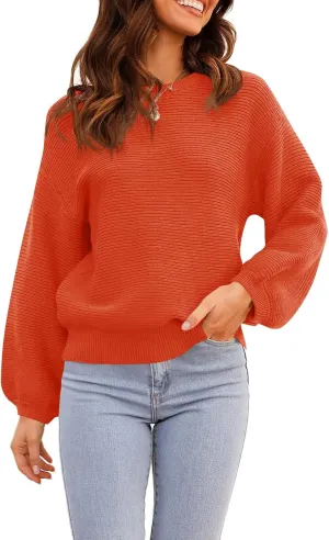 ARTFREE Womens Ribbed Knit Crewneck Sweater Lantern Sleeve Casual Loose Stretchy Solid Fall Winter Sweaters Pullover Tops