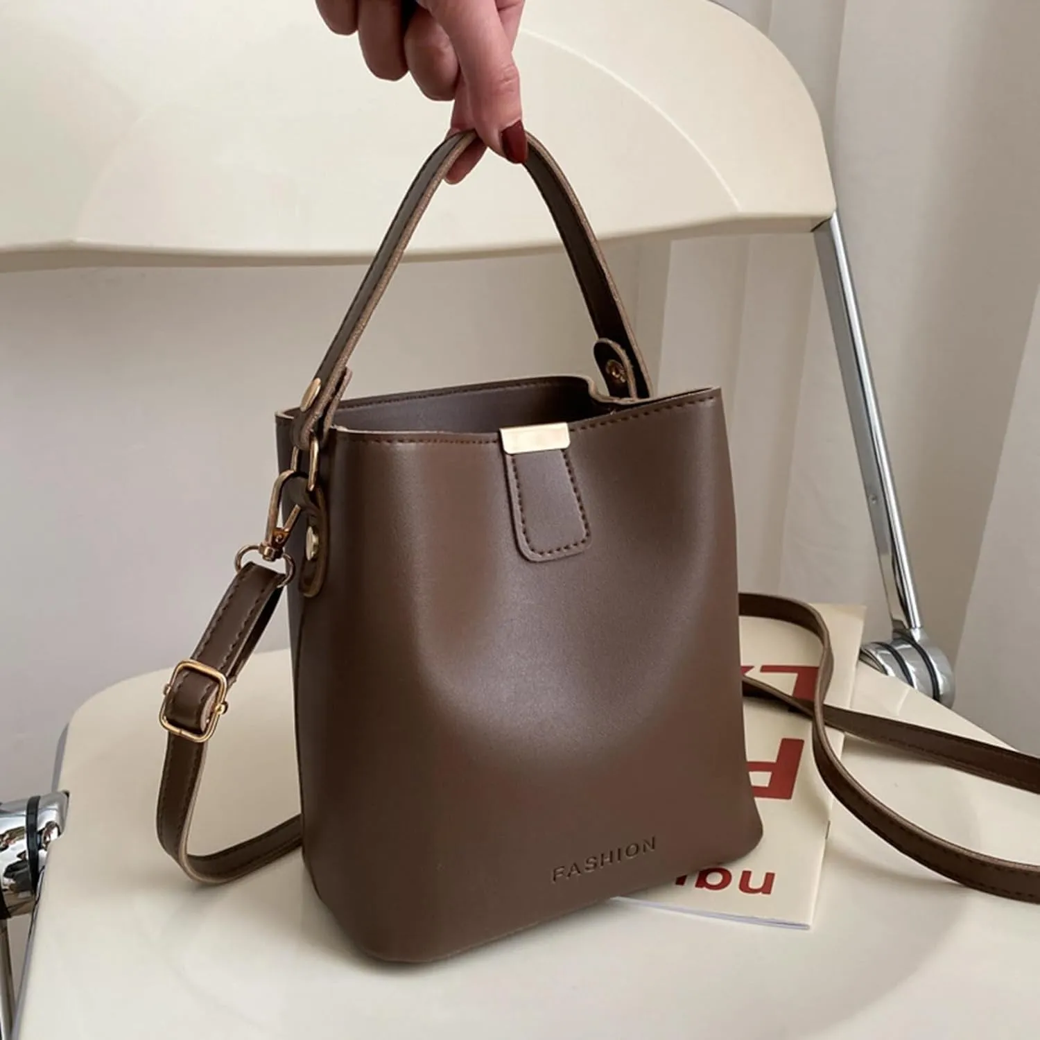 Atmneris Leather Bucket Bags for Women Small Ladies Tote Handbag Travel Shopping Crossbody Purses Satchel Bag