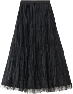Autumn Winter Long Velvet Tulle Skirt, Women Casual High Waist Midi Pleated Skirts, Female Chic Reversible Skirt