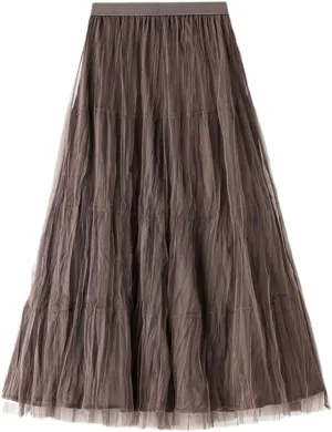 Autumn Winter Long Velvet Tulle Skirt, Women Casual High Waist Midi Pleated Skirts, Female Chic Reversible Skirt