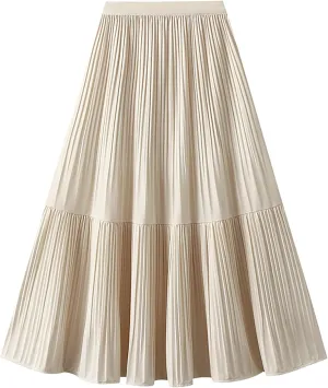 BAIMORE Women's Chic Solid Elastic Waist Pleated Skirt A Line Swing Midi Skirt