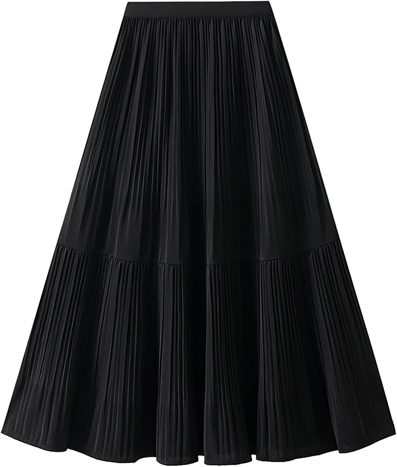 BAIMORE Women's Chic Solid Elastic Waist Pleated Skirt A Line Swing Midi Skirt