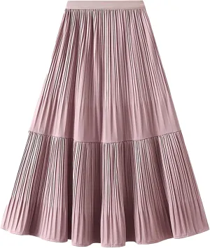 BAIMORE Women's Chic Solid Elastic Waist Pleated Skirt A Line Swing Midi Skirt