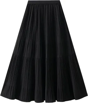 BAIMORE Women's Chic Solid Elastic Waist Pleated Skirt A Line Swing Midi Skirt