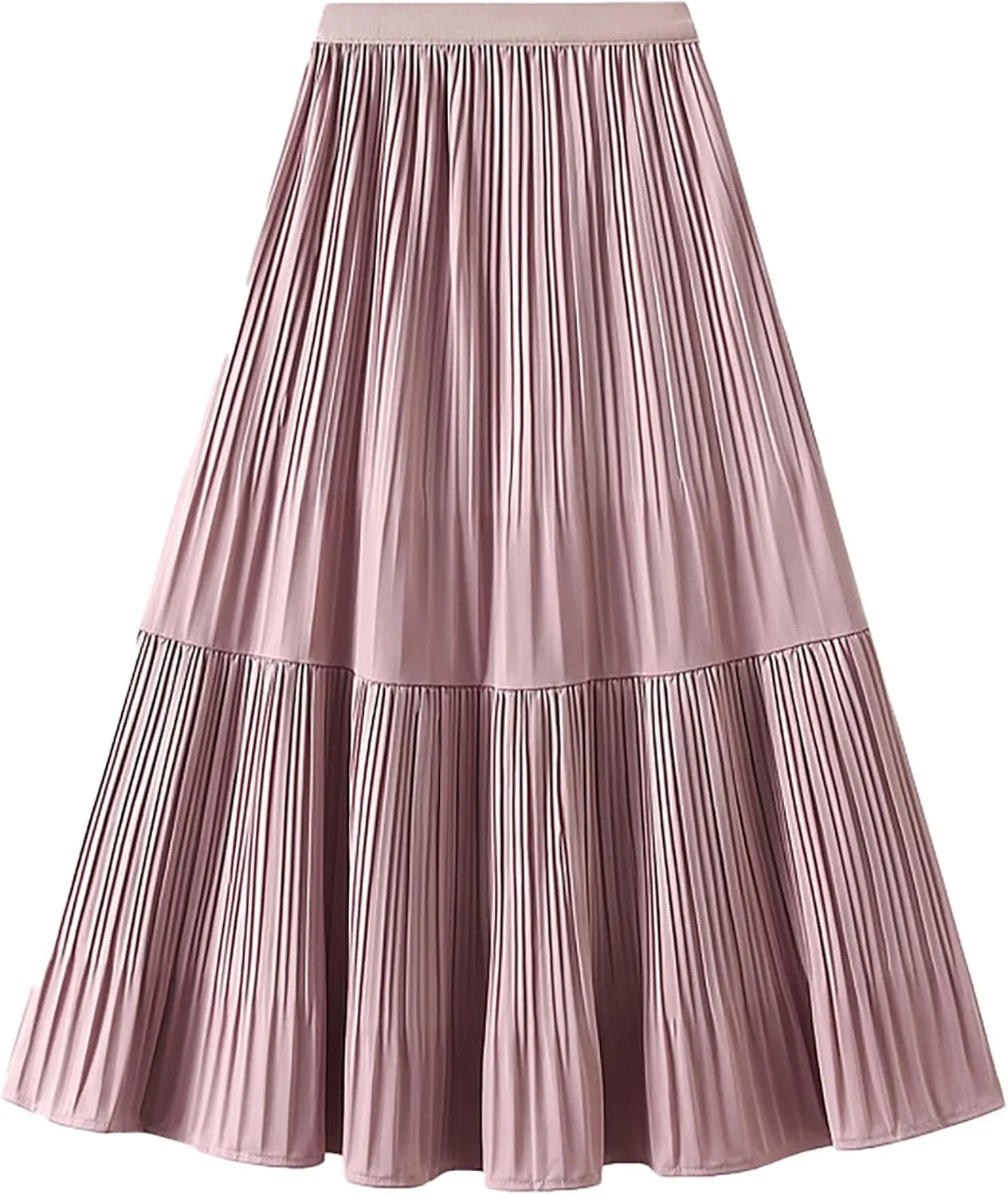 BAIMORE Women's Chic Solid Elastic Waist Pleated Skirt A Line Swing Midi Skirt